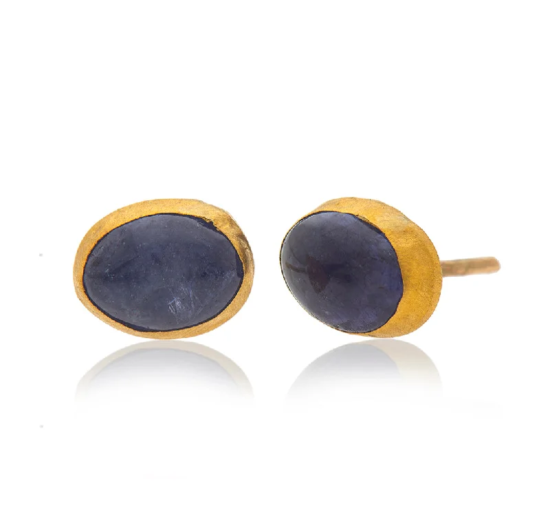 silver stud earrings for women -Nava Zahavi Yellow Gold Oval Tanzanite Blue Stud Earrings