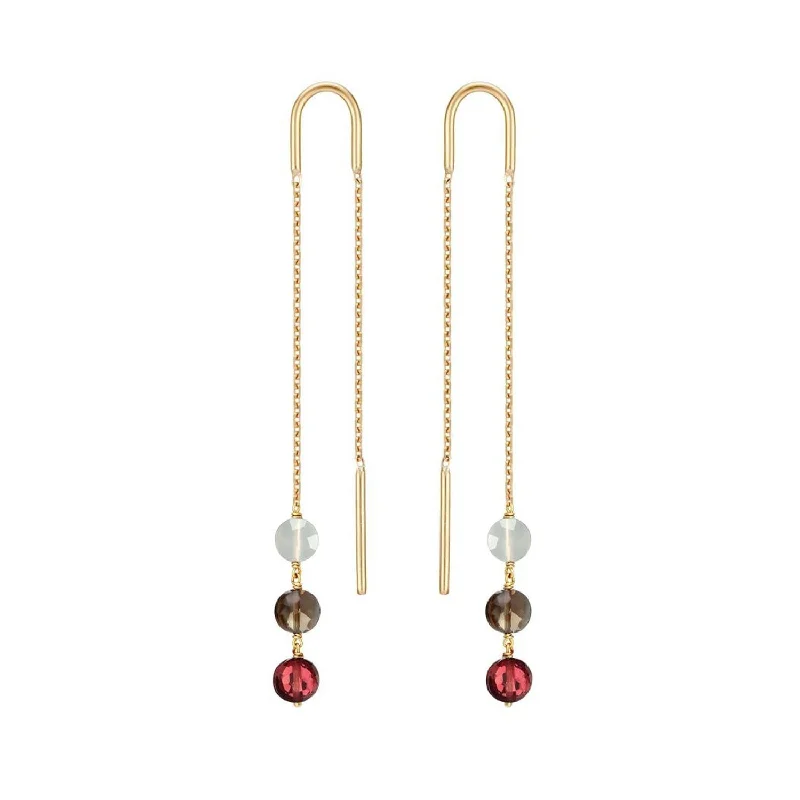 birthstone earrings for women -Long Trio Threader Earrings 18k Gold Moonstone Garnet Smoky Quartz