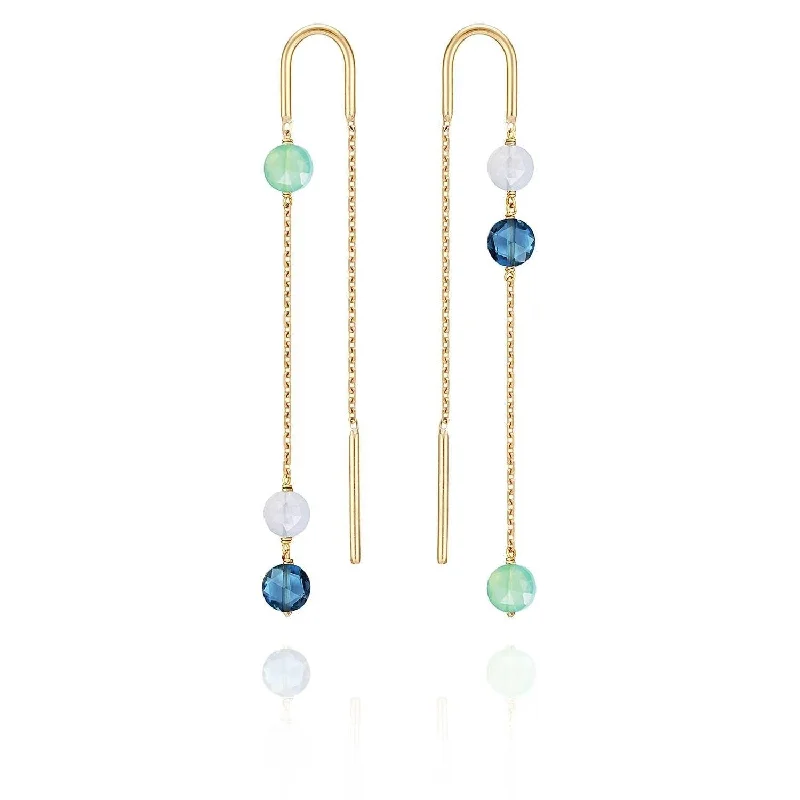 round earrings for women -Asymmetric Trio Pastille Earrings Blue and Green Chalcedony, Blue Topaz - 18k Gold