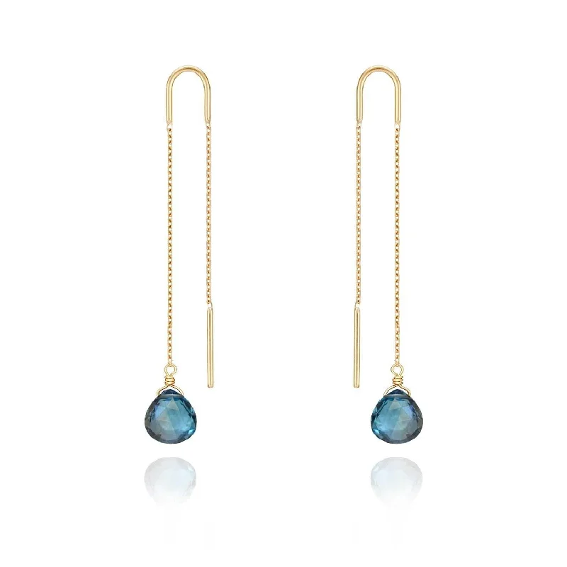 vintage-style earrings for women -Drop Threader Earrings Blue Topaz - 18k Gold