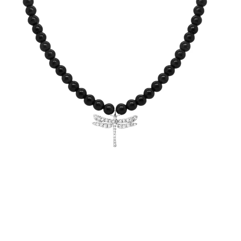 women’s statement necklaces -Black Dragonfly Silver Necklace w. Onyx & Diamond