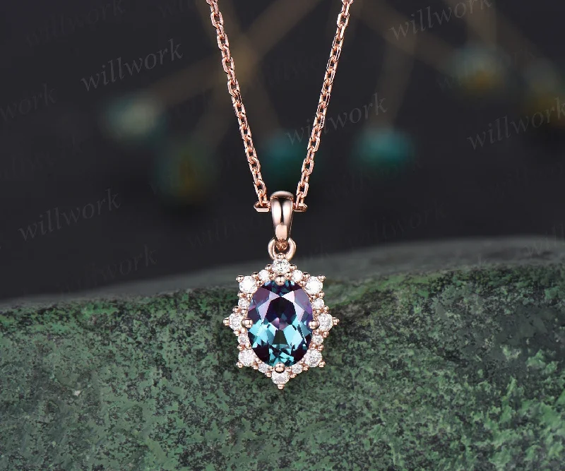 trendy gold necklaces for women -Unique oval alexandrite necklace rose gold star snowdrift halo moissanite diamond necklace pendant women bridal anniversary gift jewelry