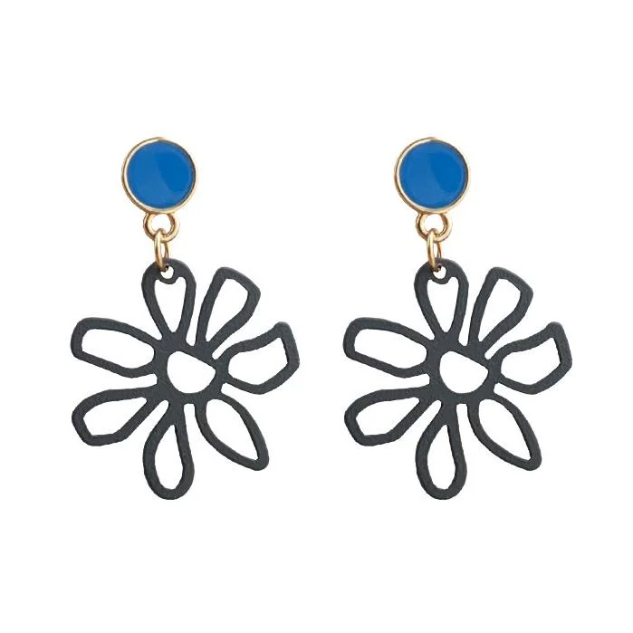 diamond drop earrings for women -Dangle Large Blue Flower Filigree Invisible Clip On Earrings