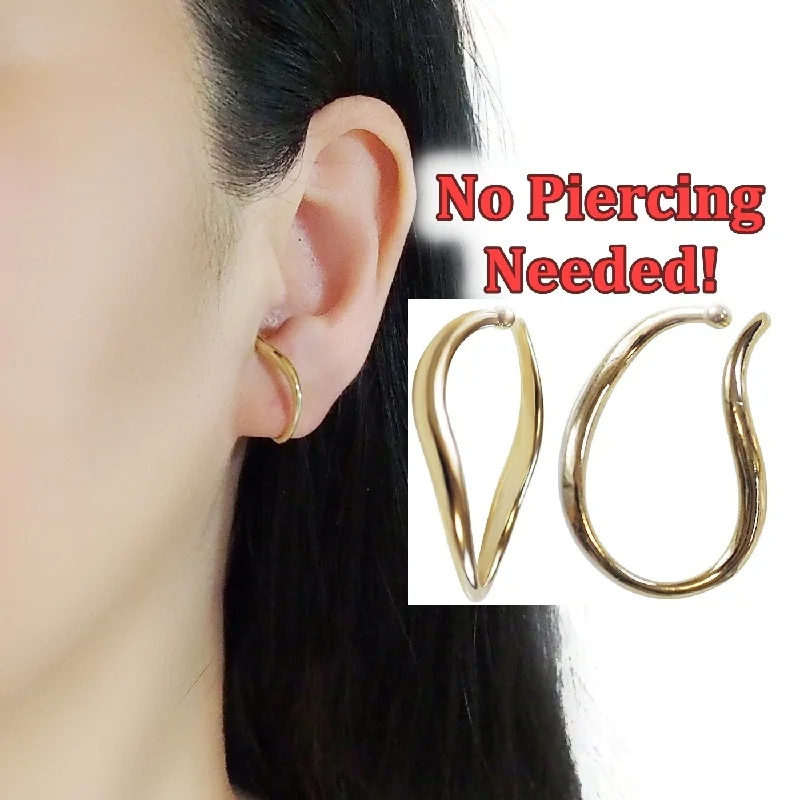 trendy statement earrings -Gold Organic Shaped HoopEar Cuff Clip On Earrings