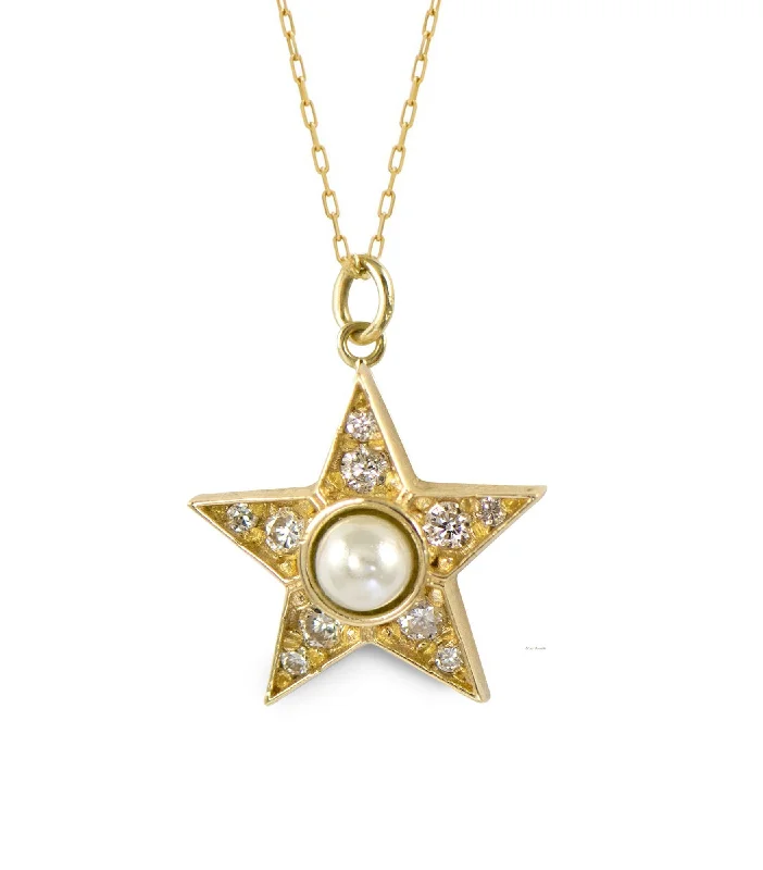 chunky gold necklaces for women -Pearly Diamond Star 14K Gold Necklace w. Diamond & Pearl