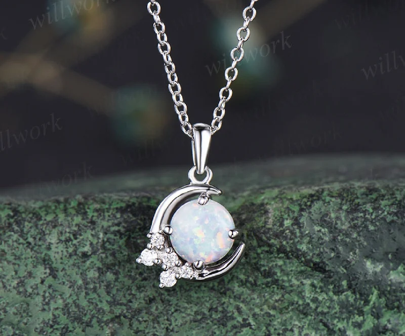 silver pendant necklaces for women -Vintage opal pendant crescent moissanite cluster pendant necklace sterling silver white gold necklace for women birthday anniversary gifts