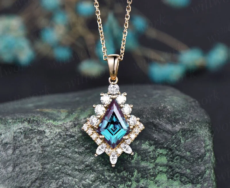 chunky necklaces for women -Kite Alexandrite necklace solid 14k 18k yellow gold vintage unique halo diamond  pendant for women her art deco anniversary gift mother