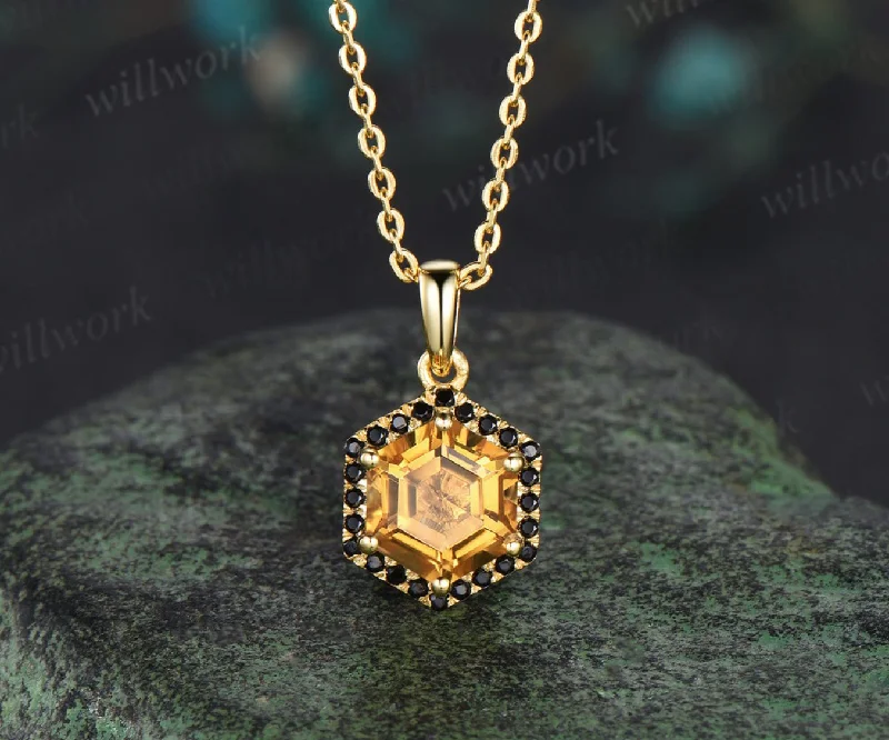 diamond pendant necklaces for women -Hexagon cut yellow citrine necklace 14k yellow gold halo black spinel pendant Crystal gemstone dainty anniversary gift for women