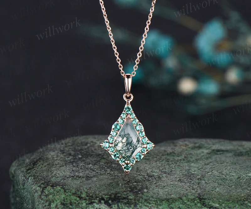 simple gold necklaces for women -Kite Cut Natural Green Moss Agate Necklace Unique Wave Halo green emerald Necklace Pendant Rose Gold Women Mother Anniversary Gift