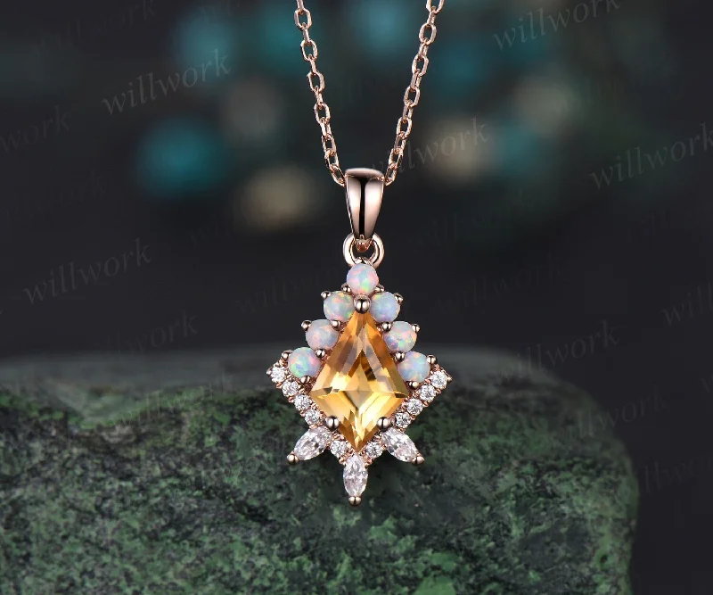 elegant necklaces for women -Kite cut yellow citrine necklace solid 14k 18k rose gold vintage unique halo opal diamond pendant women her anniversary bridal gift mother