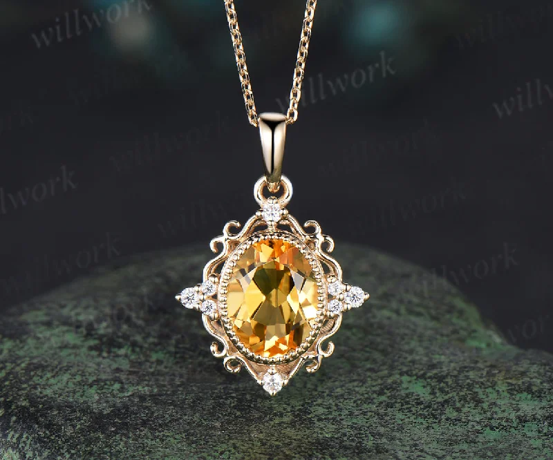 layered necklaces for women -Vintage Oval Cut November Birthstone Natural Citrine Necklace Milgrain 14k yellow Gold Crystal Citrine Pendant Birthday Necklace Women