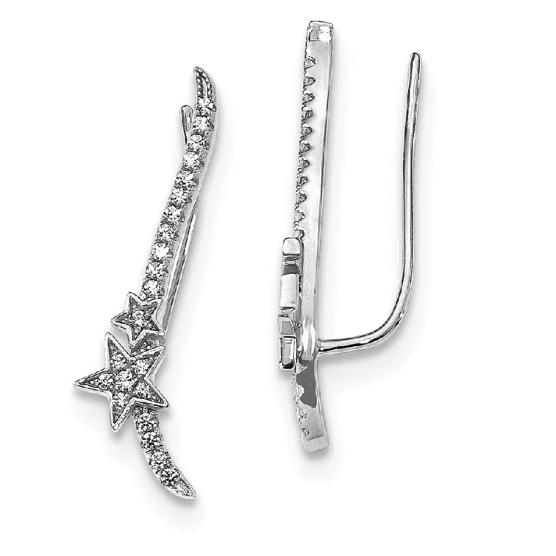 trendy statement earrings -6 x 28mm Rhodium-Plated Sterling Silver CZ Star Ear Climber Earrings