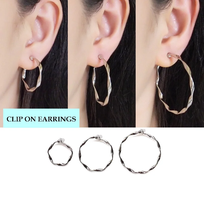 classic pearl earrings for women -Silver Twisted Clip On Hoop Earrings