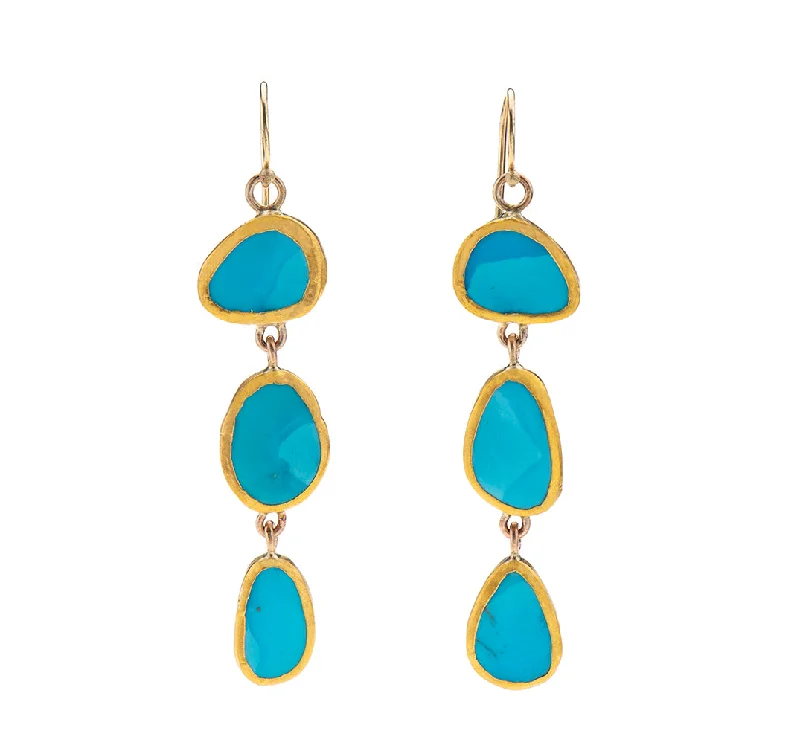 round earrings for women -Nava Zahavi Yellow Gold Triple Turquoise Drop Earrings