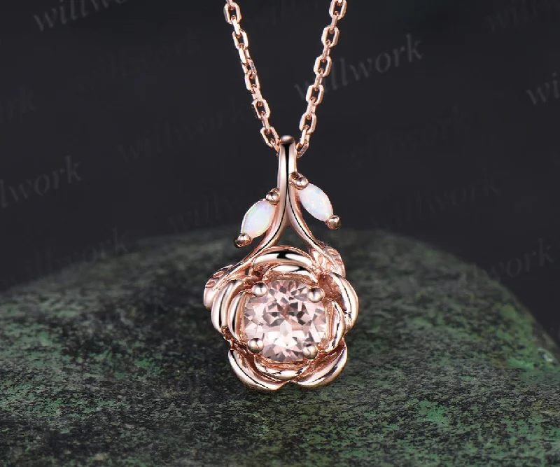 layered gold necklaces for women -Floral Design Natural Inspired Morganite Necklace Vintage 0.5ct Morganite Opal Leaf Shape 14k Solid rose Gold Pendant Promise Gift Women