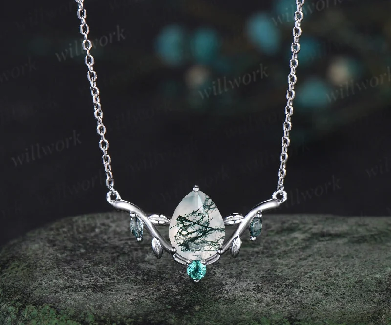 bold necklaces for women -Pear shaped green moss agate necklace solid 14k white gold four stone nature inspired leaf emerald necklace anniversary gift women