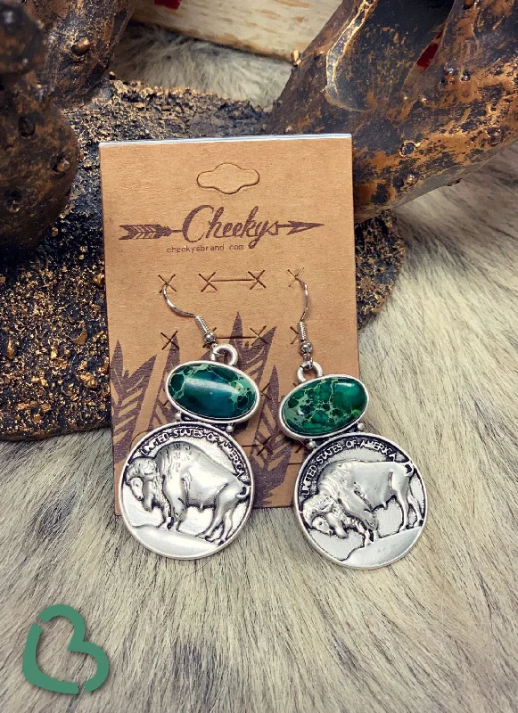 elegant gold earrings for women -The Shawney Buffalo Nickle Earrings in Emerald Green