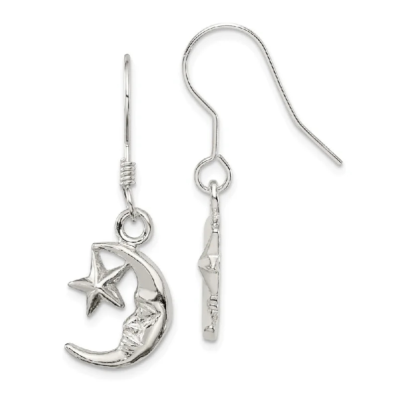 diamond earrings for women -Polished Crescent Moon and Star Dangle Earrings in Sterling Silver