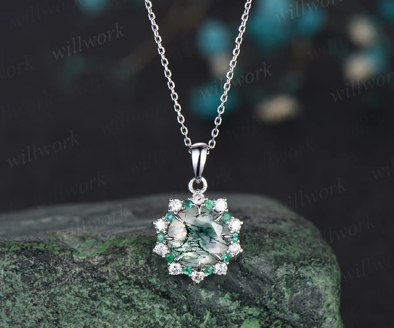 fashion statement necklaces -Vintage round cut green moss agate necklace white gold 8 prong halo natural emerald diamond moissanite pendant women promise bridal gift