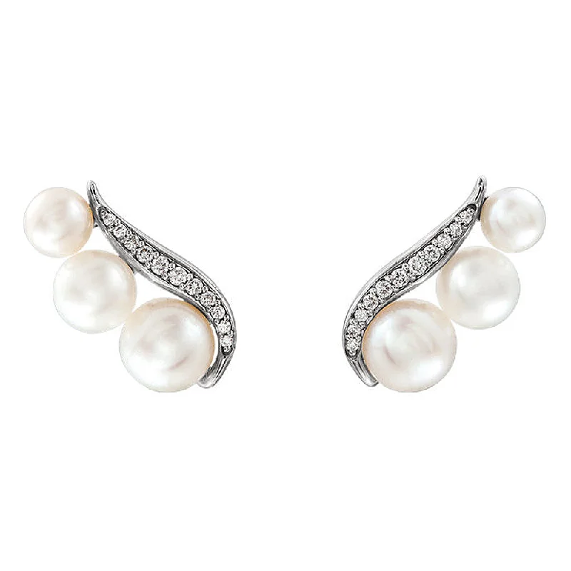 vintage pearl earrings for women -16mm 14k White Gold FW Cultured Pearl & 1/10 CTW Diamond Ear Climbers