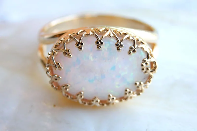 floral engagement rings for women -Gold White Opal Ring