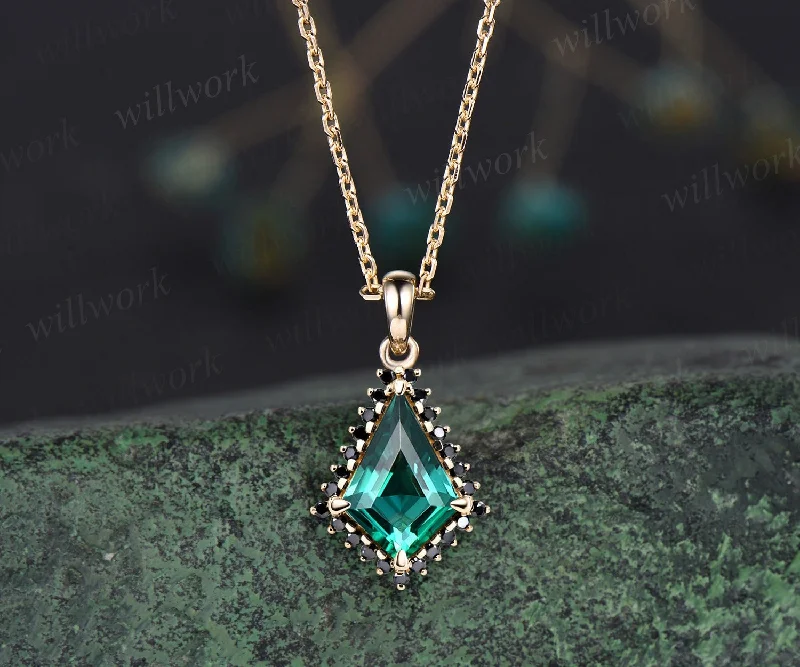 modern necklaces for women -Unique kite cut green emerald necklace solid 14k 18k rose gold halo black diamond pendant for women May birthstone mother anniversary gift