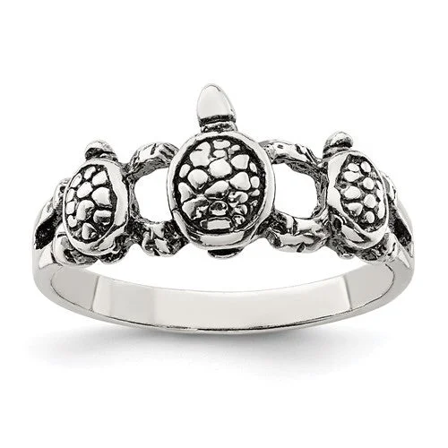 fashion necklaces for women -Sterling Silver Antiqued 3 Turtle Ring