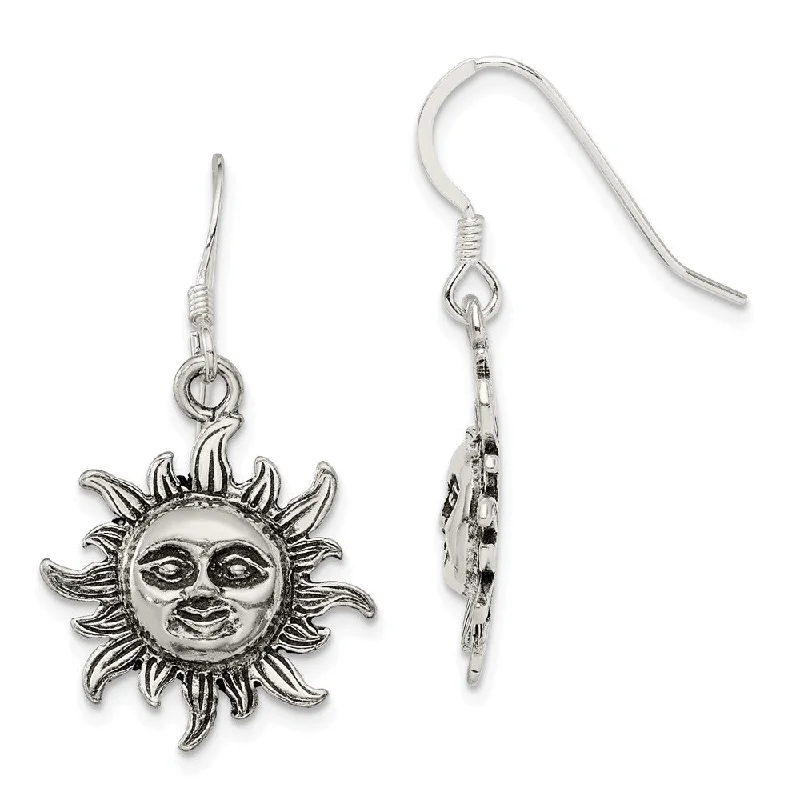 unique stud earrings for women -17mm Antiqued Sun Dangle Earrings in Sterling Silver