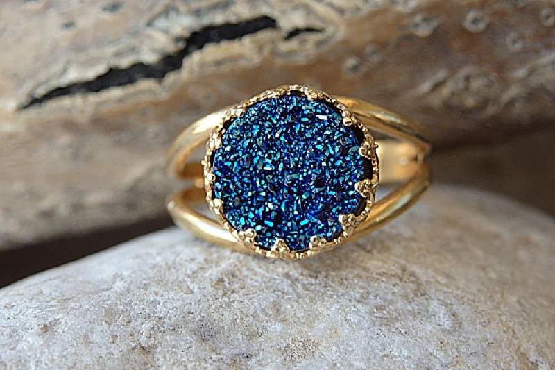 custom gemstone rings -Blue Druzy Ring