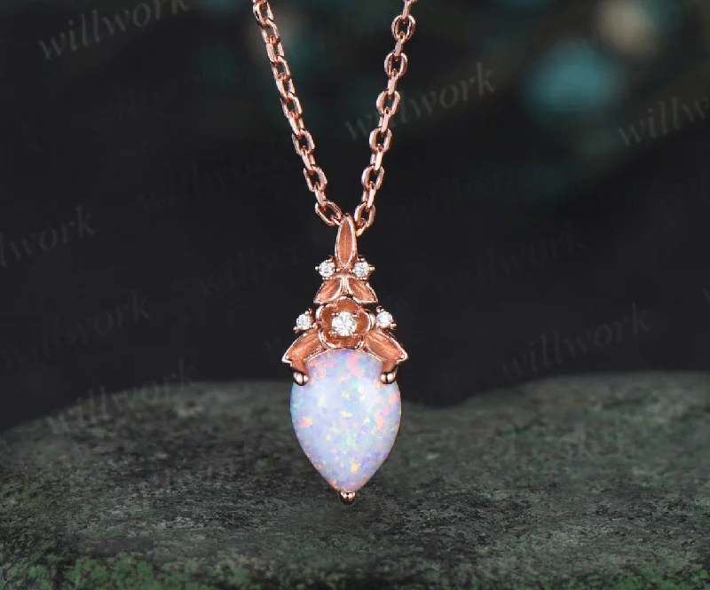 custom engraved necklaces -Vintage pear white gold necklace solid 14k 18k rose gold Floral leaf diamond pendant women October birthstone anniversary gift jewelry