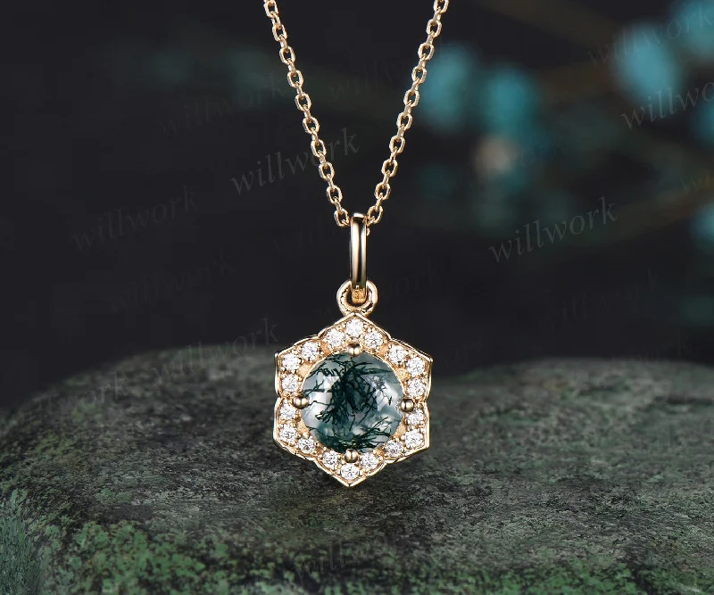 statement necklaces for women -Natural Round Moss Agate Flower Necklace Solid 14k/18k Rose Gold Vintage Pendant For Women Anniversary/Bridesmaid Gifts