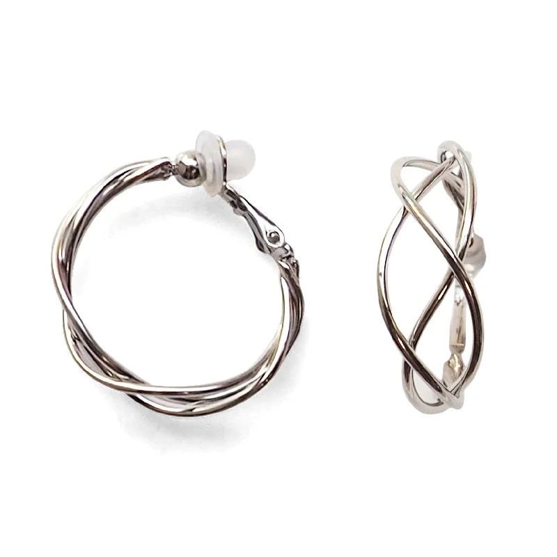 bridal earrings for women -Silver Woven Clip On Hoop Earrings