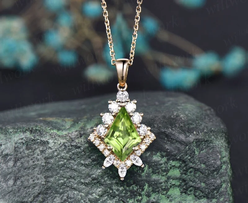 long necklaces for women -Vintage kite natural peridot necklace solid 14k 18k yellow gold unique halo diamond  pendant for women her art deco anniversary gift mother