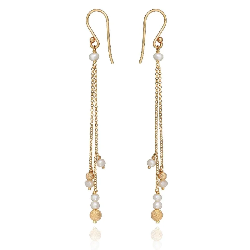 statement stud earrings -Frosted Long Chain Earrings - 18k Gold White freshwater pearls