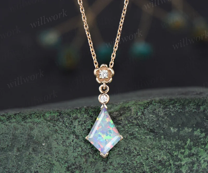 luxury gemstone necklaces for women -Kite cut white opal necklace solid 14k 18k yellow gold bezel diamond floral pendant women dainty anniversary bridal gift mother jewelry