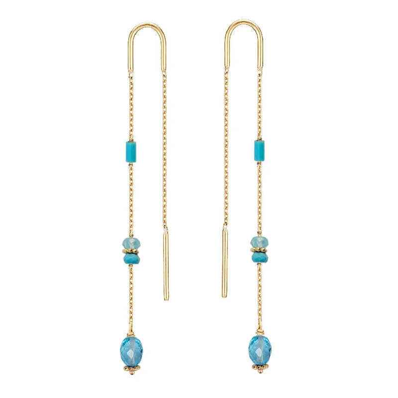 diamond earrings for women -Boho Threader Earrings Turquoise and Apatite - 18k Gold - Limited Edition