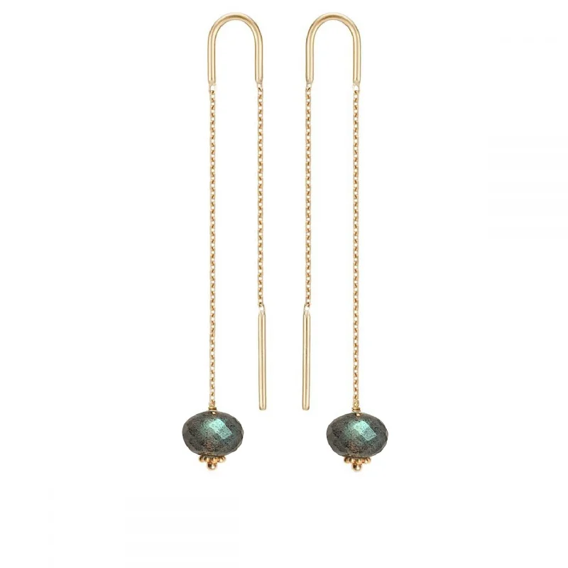 trendy statement earrings -Long Threader Earrings Labradorite - 18k Gold