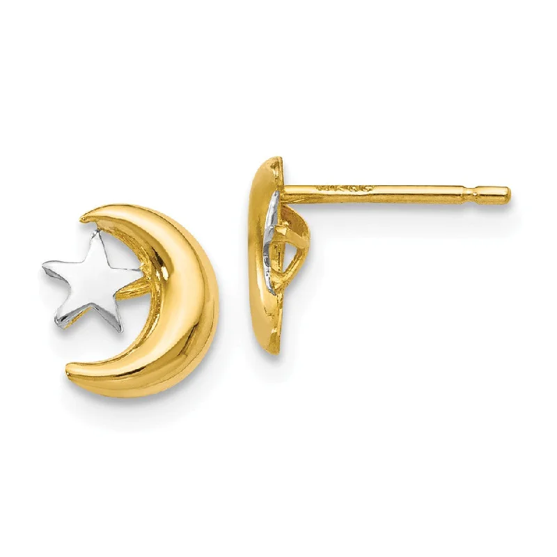 round earrings for women -8mm Two Tone Moon and Star Post Earrings in 14k Gold and Rhodium