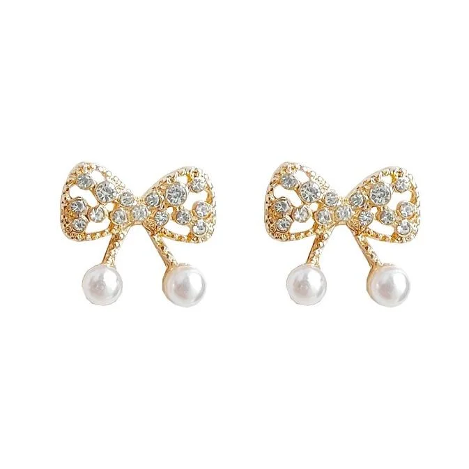 statement earrings for weddings -White Pearl Ribbon Bow Tie Crystal Rhinestone Pave Invisible Clip On Earrings