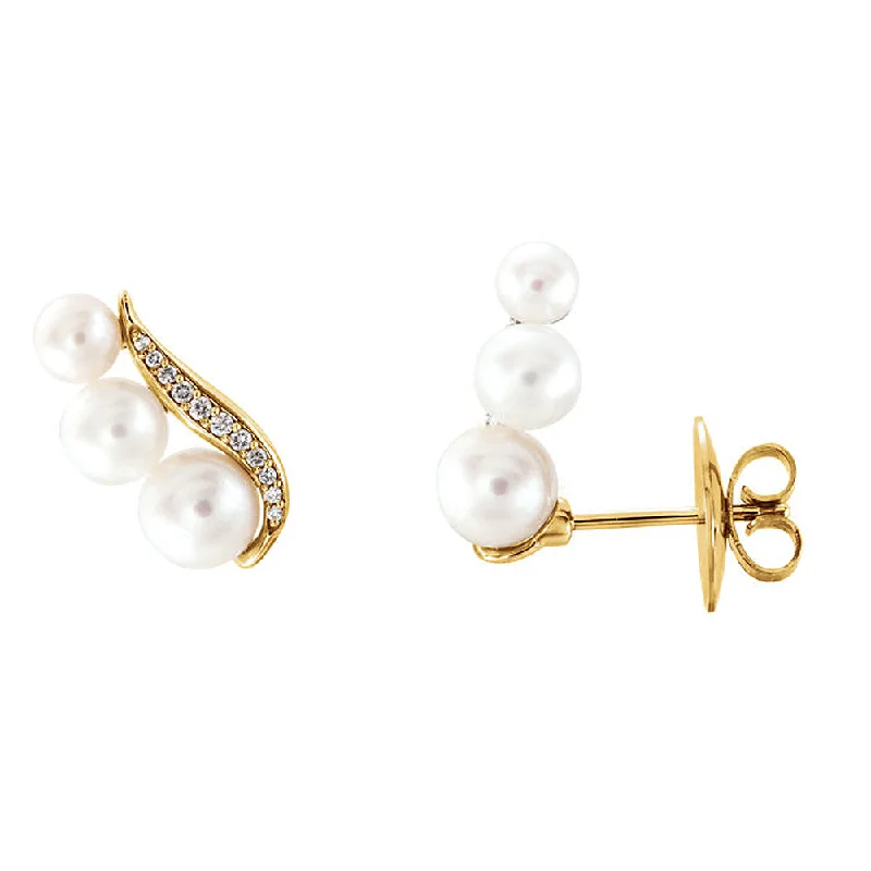 crystal earrings for women -16mm 14k Yellow Gold FW Cultured Pearl & 1/10 CTW Diamond Ear Climbers