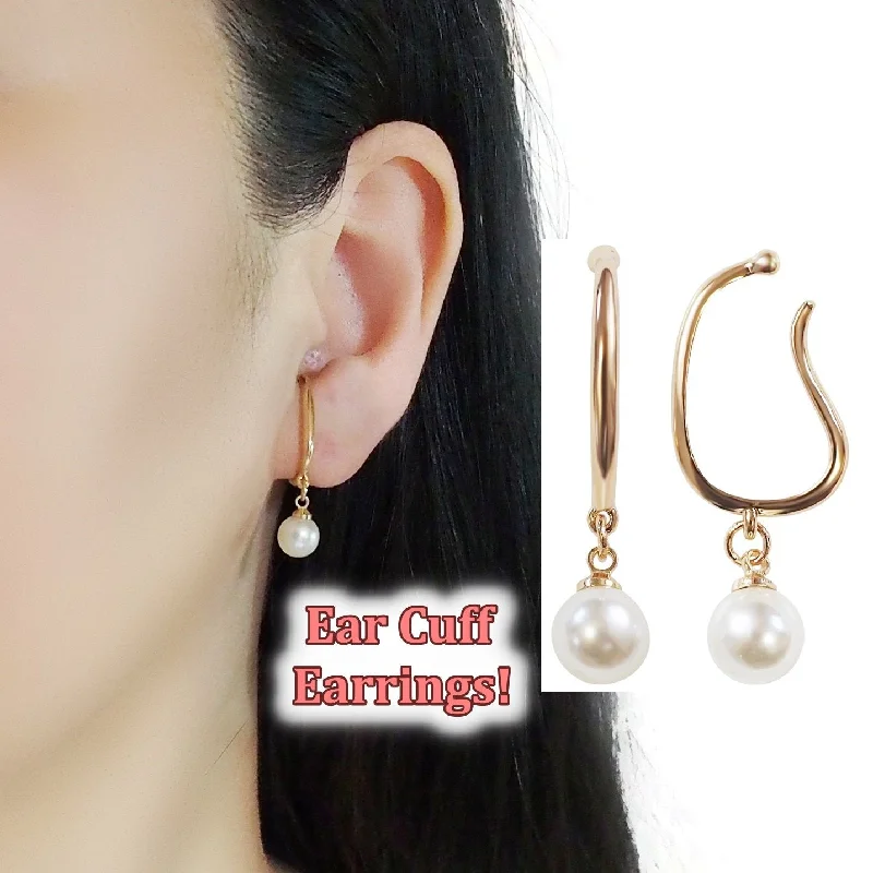 luxury crystal earrings for women -Dangle Gold White PearlEar Cuff Clip On Earrings