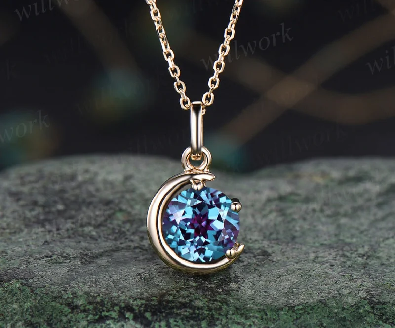 crystal pendant necklaces for women -Minimalist June Birthstone Round Alexandrite Necklace Unique Moon Pendant Delicate Color Change Stone Solitaire Necklace Jewelry Gift