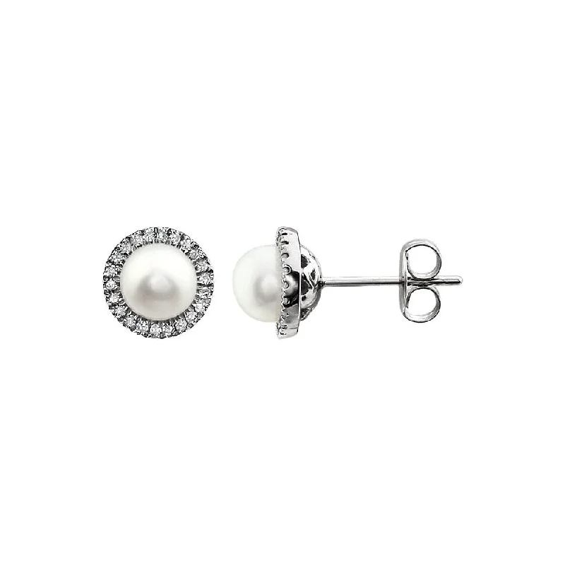 pearl earrings for women -8mm Halo Style FW Cultured Pearl & Diamond Earrings in 14k White Gold