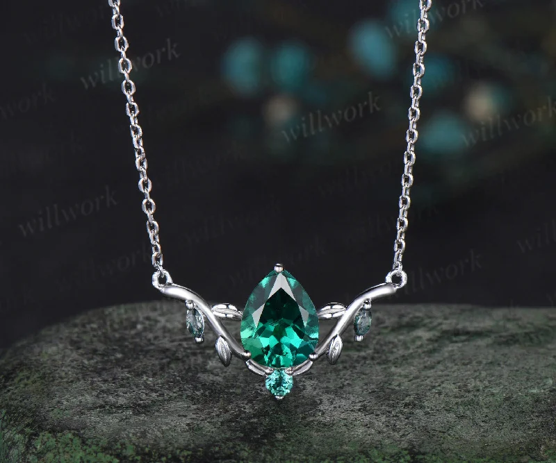 crystal pendant necklaces for women -Pear shaped green emerald necklace solid 14k white gold four stone moss agate nature inspired leaf necklace anniversary gift women