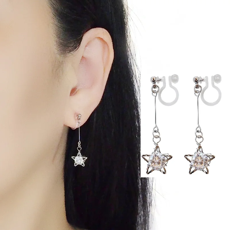 silver charm earrings for women -Dangle Silver Star & CZ Crystal Invisible Clip On Earrings