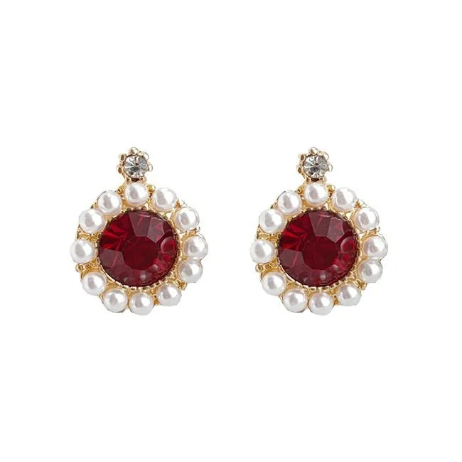 custom-made earrings for women -White Pearl Red Crystal Rhinestone Round Invisible Clip On Earrings