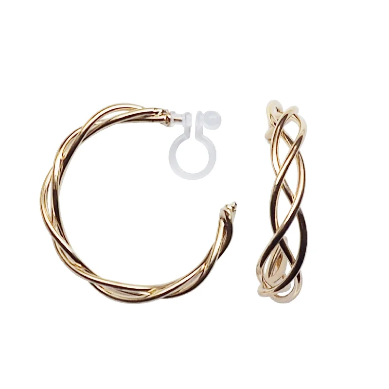 simple silver earrings for women -Gold Woven Invisible Clip On Hoop Earrings