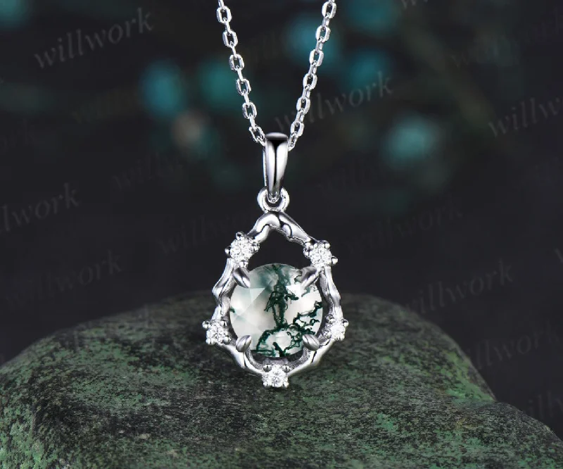 zodiac necklaces for women -Vintage round cut moss agate necklace white gold branch twig halo diamond pendant women sterling silver mother gift