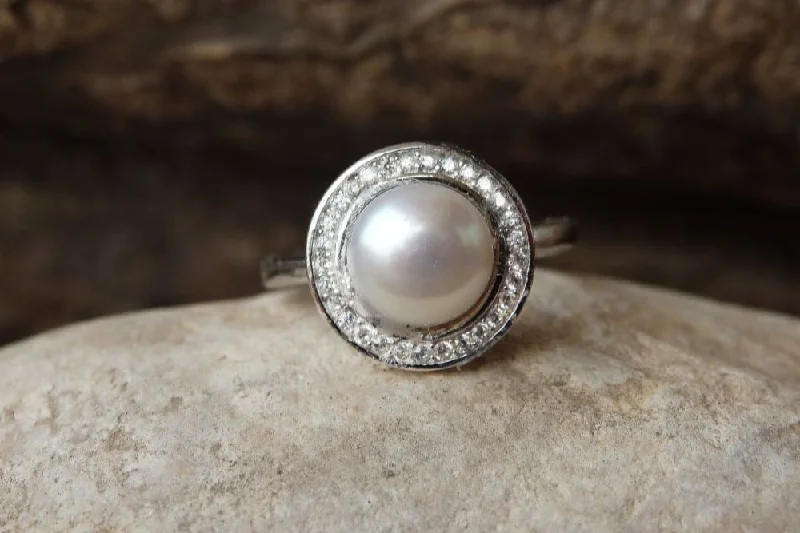 wedding bands for women -Silver Pearl Ring