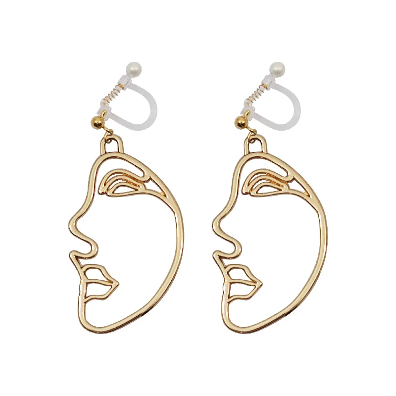 unique stud earrings for women -Gold Picasso Face Side Invisible Clip On Earrings